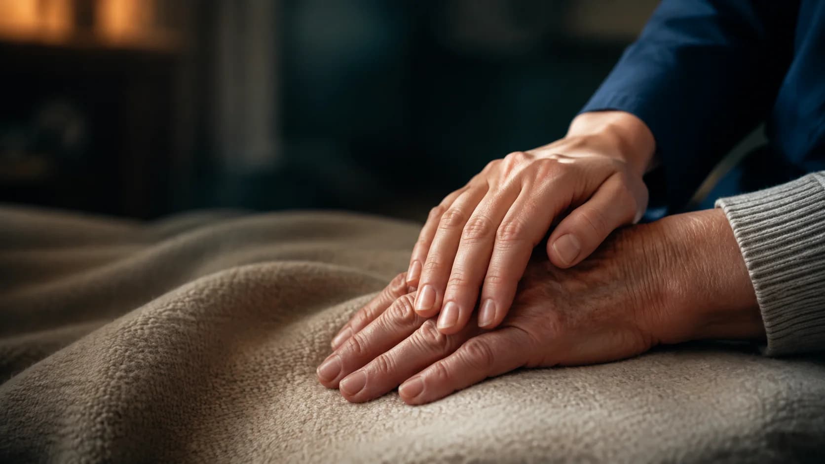 Une professionnelle de santé pose une main rassurante sur celle d’une personne âgée.