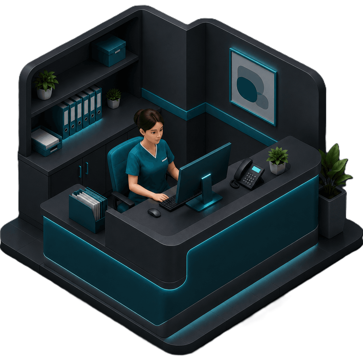 Isometric illustration of a nurse at a facility dashboard, reviewing live room and staff status
