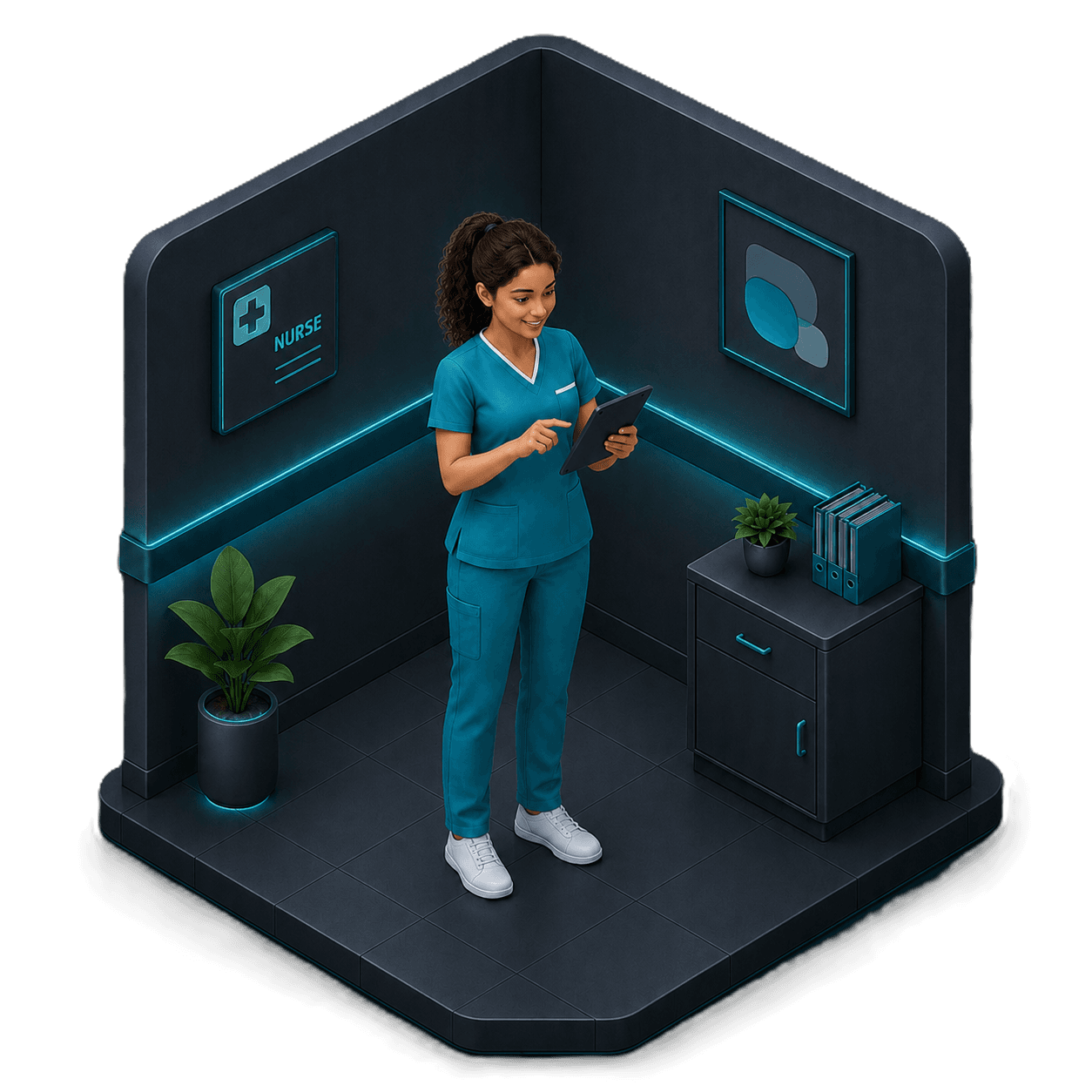 Isometric illustration of a nurse reviewing an assigned task on a tablet