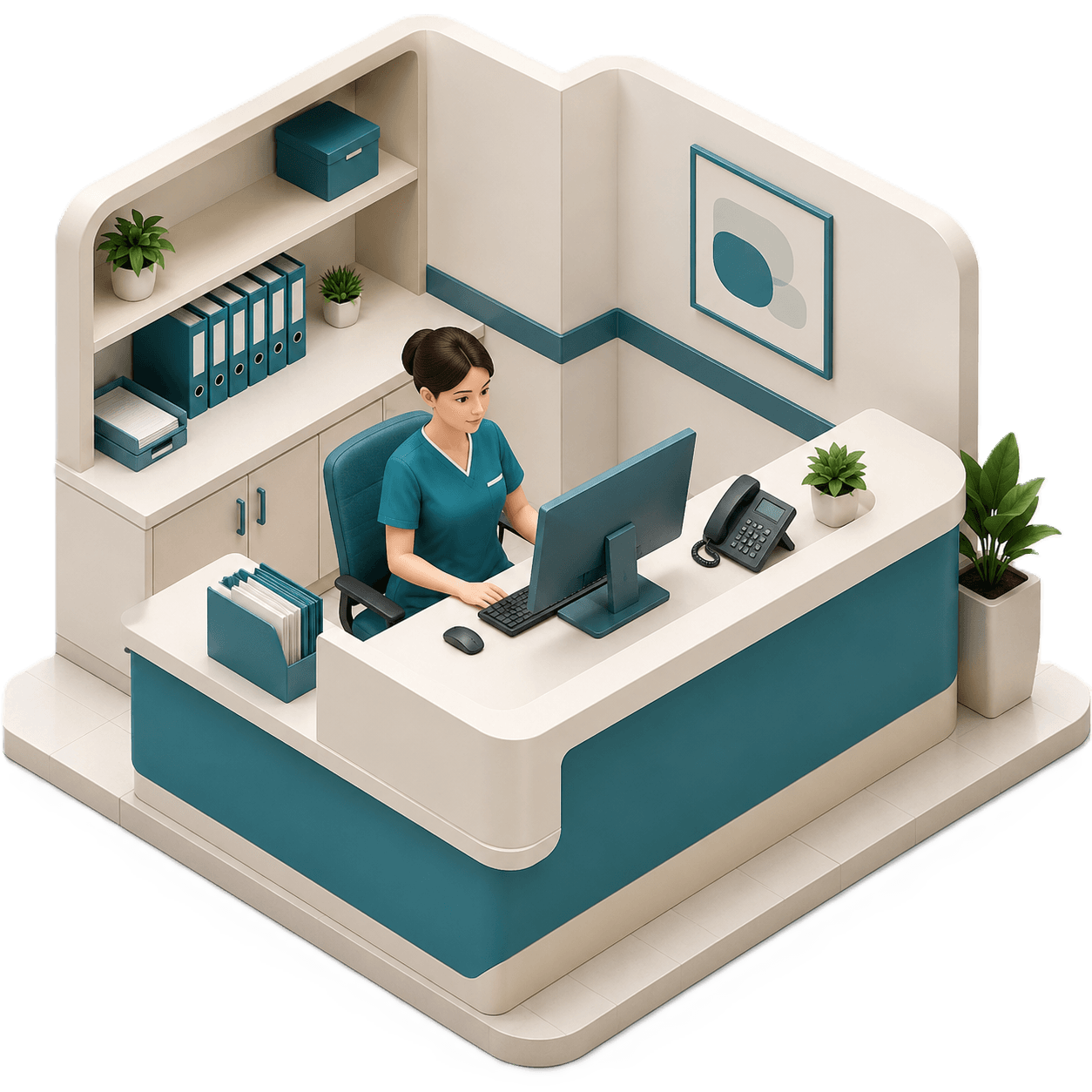 Isometric illustration of a nurse at a facility dashboard, reviewing live room and staff status
