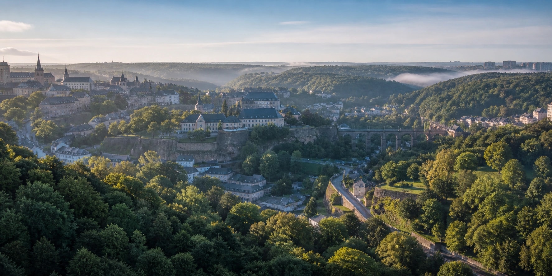 Vue panoramique sur la vallée historique de Luxembourg-Ville, ses fortifications et son paysage arboré.
