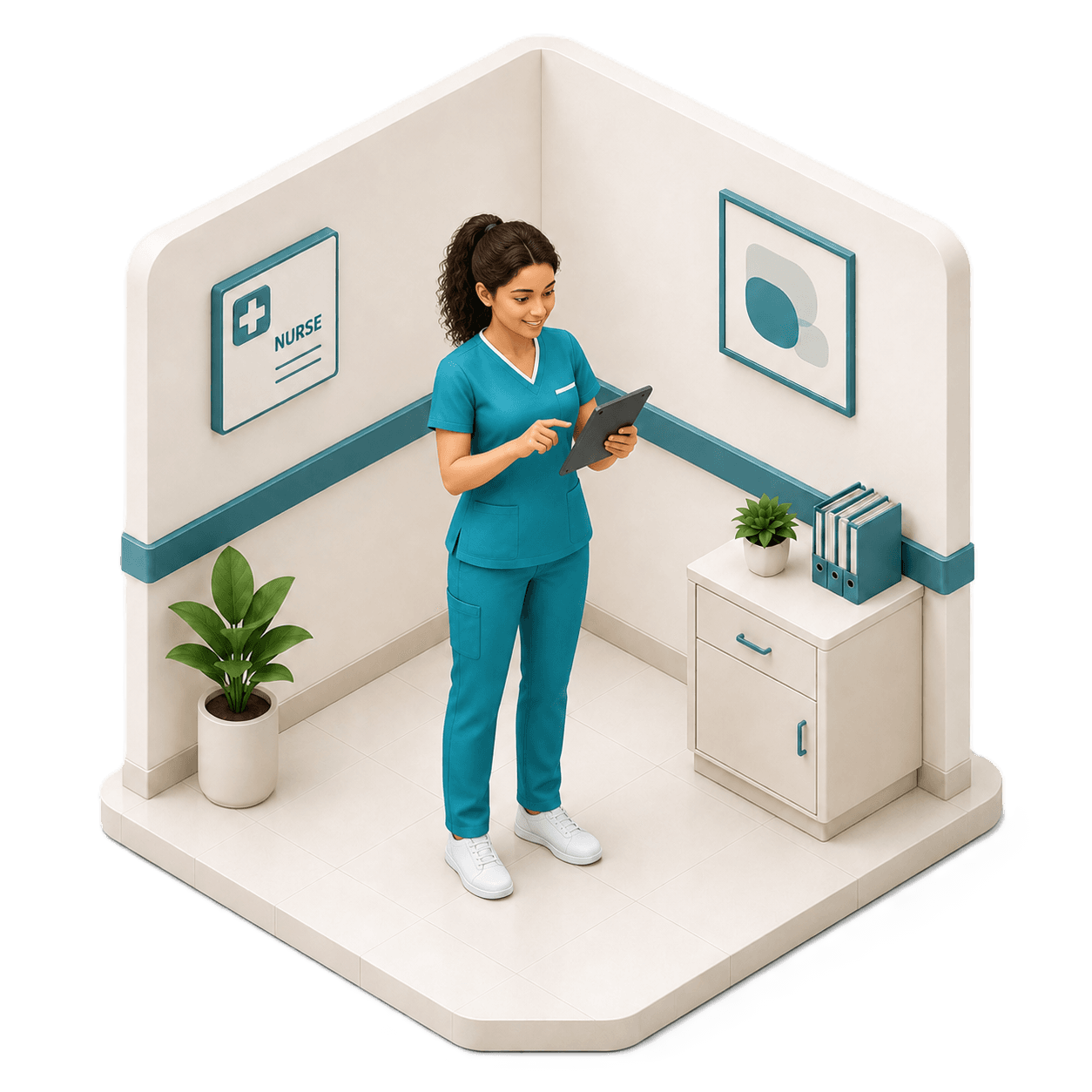 Isometric illustration of a nurse reviewing an assigned task on a tablet